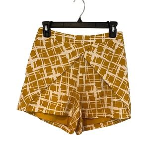 JOA Los Angeles Women's S Mustard Yellow White Grid Print Faux Wrap Skort Shorts